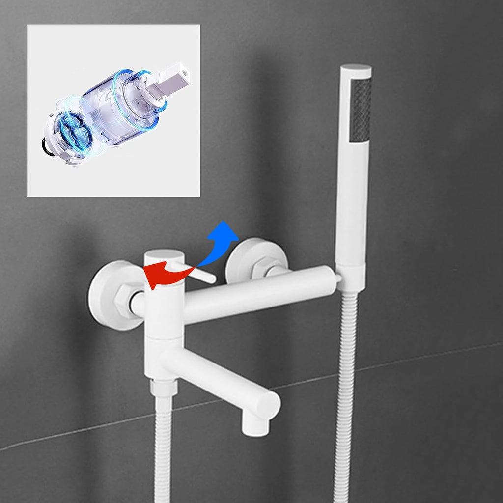 BiaoTeng Wall Mount Tub Faucet with Handheld Shower Hot and Cold Brass Single Handle Wall Mount Bath Tub Faucet Set White