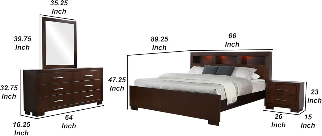 Benzara Bela 4 Piece Queen Bedroom Set- Bookcase Headboard- Dark Brown