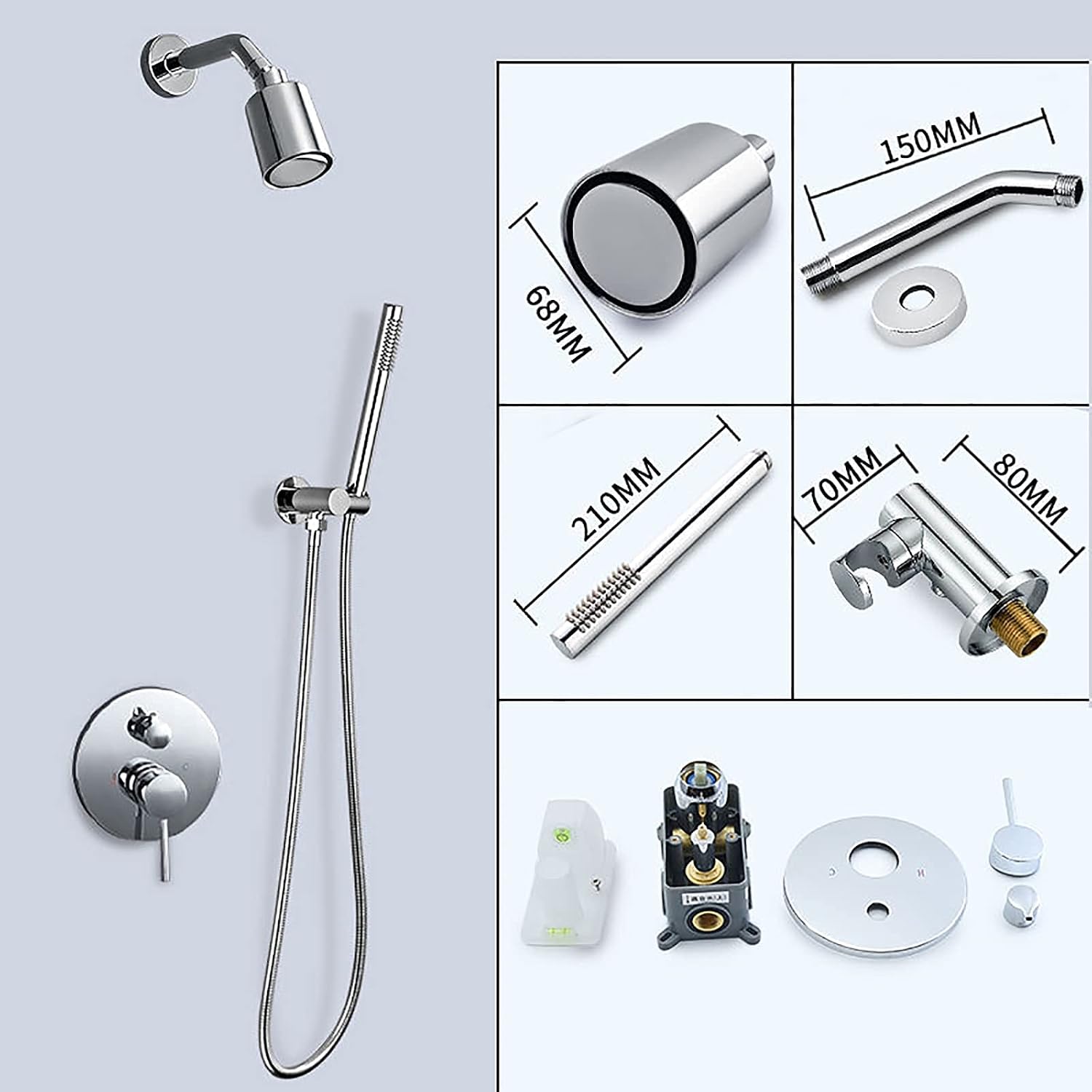 Shower System Round Rainfall Shower Head System with Handheld Combo Set, Wall Mounted Shower Faucet Set Complete with Brass Valve and Trim Kit (Color : Chrome)