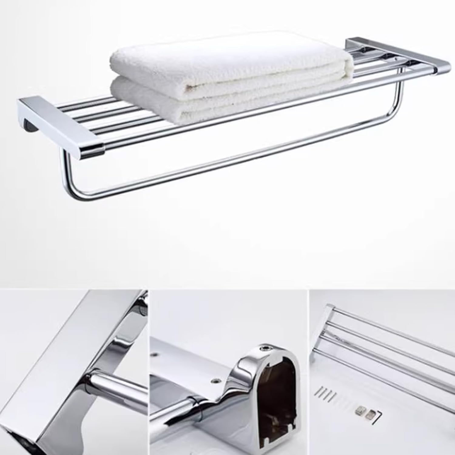 JRUIA Chrome Bathroom Towel Rack, Stainless Steel Wall Mounted Bathroom Hooks, Kitchen Bathroom Towel Holder, Space Saving