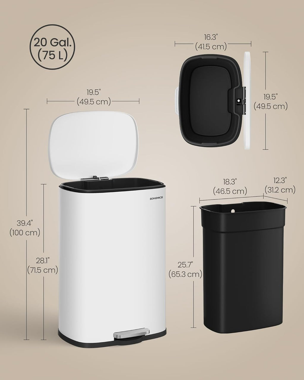 SONGMICS 20-Gallon (75 L) Trash Can, Stainless Steel Kitchen Garbage Can, Recycling or Waste Bin, Soft Close, Step-On Pedal, Removable Inner Bucket, White ULTB075WZ01
