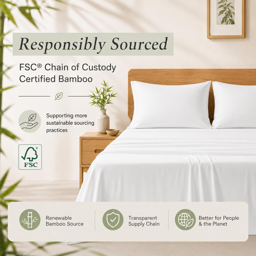 TOSMO Luxury Cooling Sheet Set - 100% Viscose from Bamboo, 4-Piece Bedding Set (Queen Size) - 18' Extra Deep Pockets, Oeko-Tex Certified, Silky Soft and Breathable, Classic White