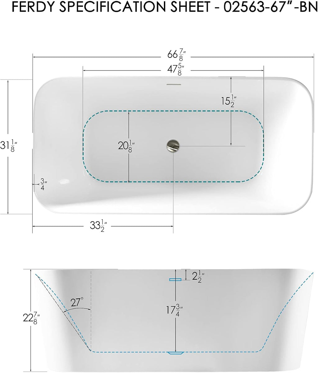 FerdY Maui 67' Acrylic Freestanding Bathtub, Contemporary Elegant Design Soaking Tub, Easy to Instal with Brushed Nickel Drain and Minimalist Linear Design Overflowl