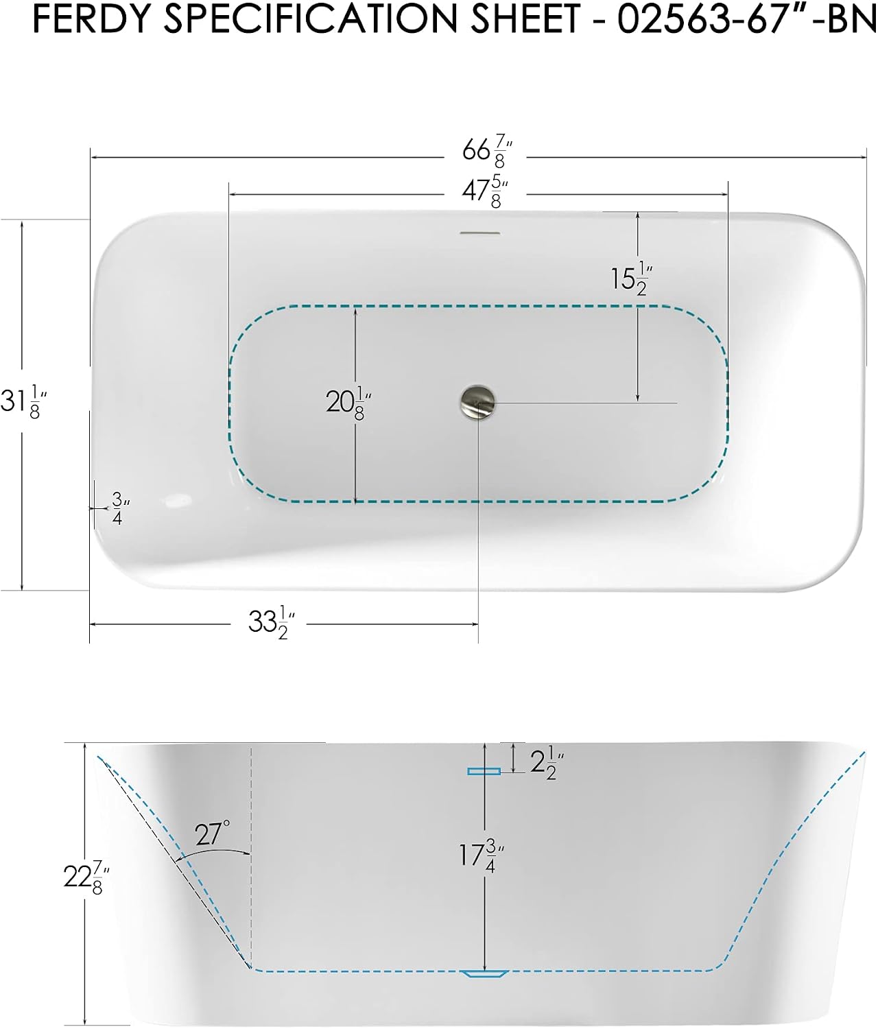 FerdY Maui 67' Acrylic Freestanding Bathtub, Contemporary Elegant Design Soaking Tub, Easy to Instal with Brushed Nickel Drain and Minimalist Linear Design Overflowl