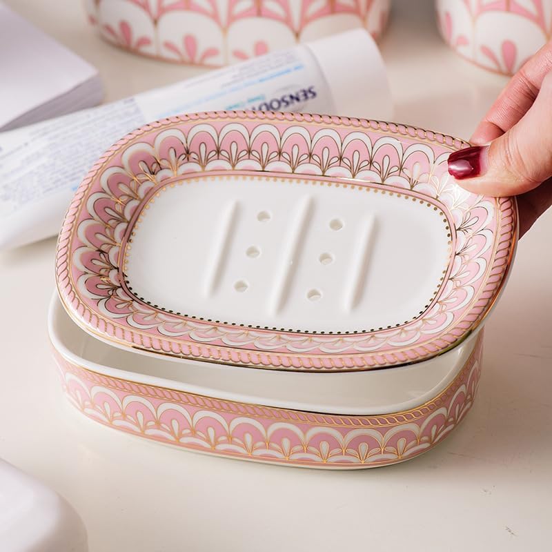 Bathroom Accessories Set, 6 Piece Ceramic Bath Accessory Completes with Soap Lotion Dispenser Pump Toothbrush Holder Tumbler Soap Dish, Tray Great for Modern Bath Sink Tub Decor (Pink Gold Stripes)