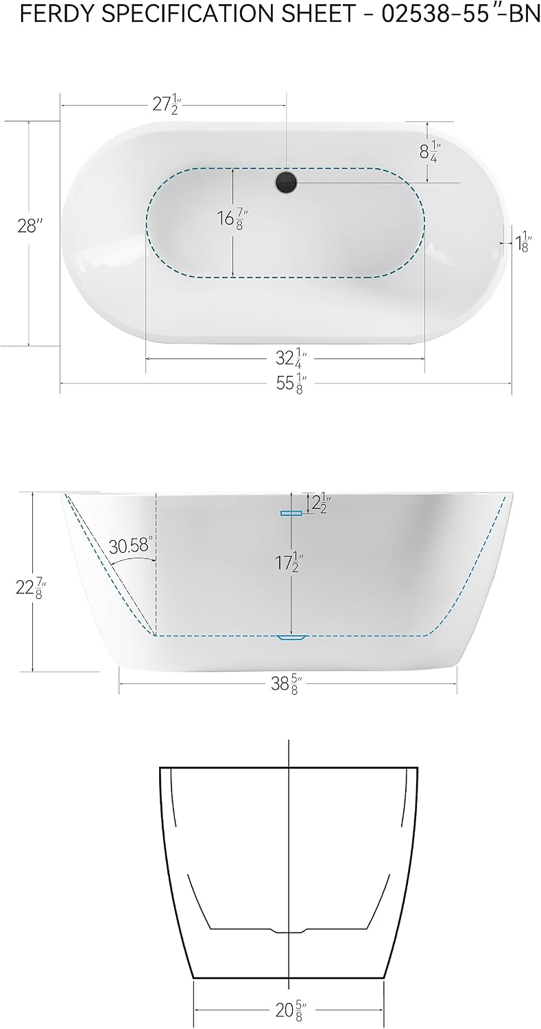 FerdY 55' Bali Acrylic Freestanding Bathtub, Gracefully Shaped Freestanding Soaking Bathtub, cUPC Certified, Toe-Tap Matte Black Drain and Matte Black Overflow Included