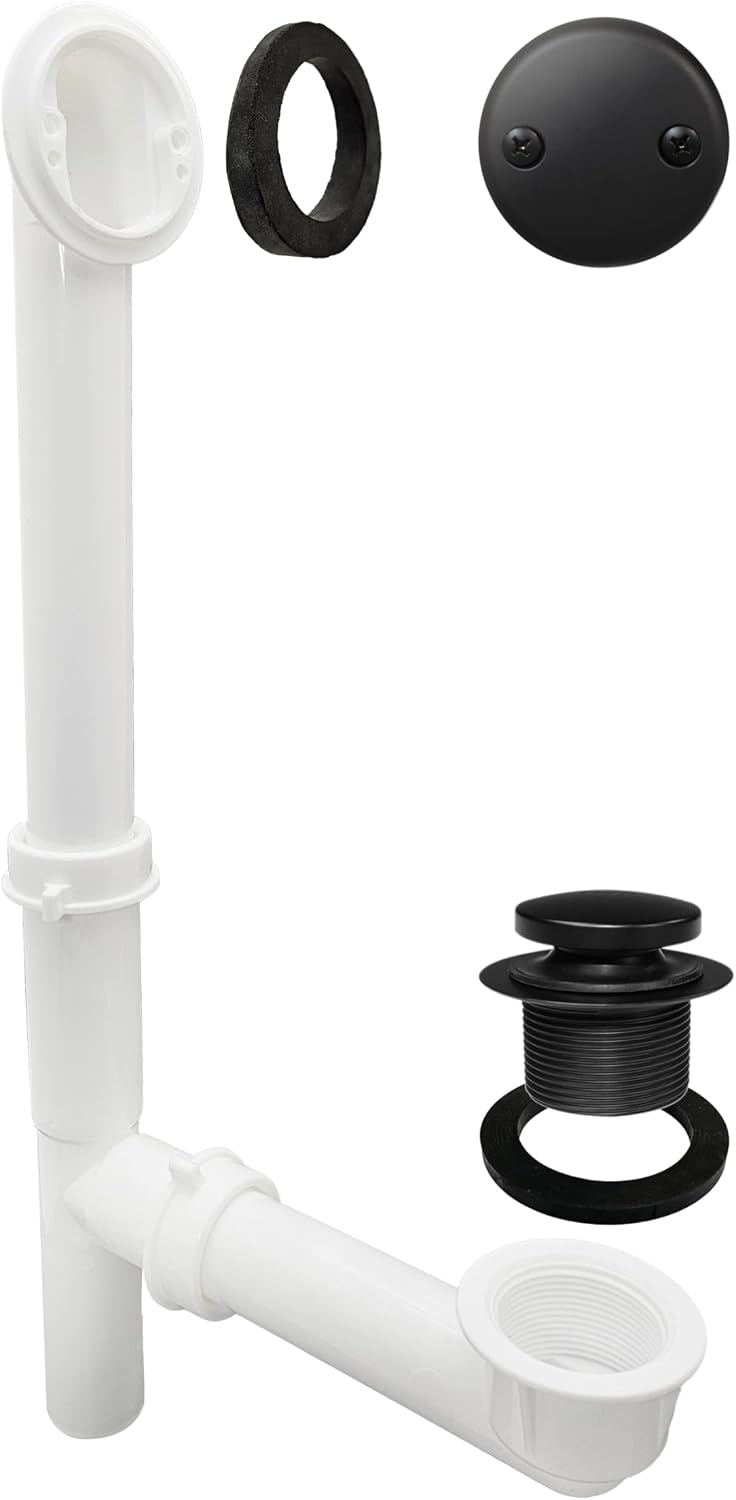 Westbrass 593244-12-62 14' x 1-1/2' White Tubular Bathtub Waste & Overflow Assembly with Tip-Toe Drain Plug and 2-Hole Faceplate, Matte Black (12-Pack)