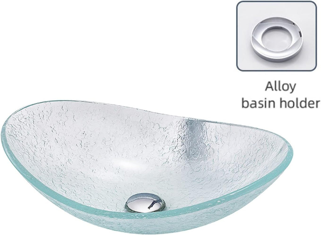 Tempered Glass Vessel Bowl Sink, Top Mount Installation Bathroom Sinks Above Counter, Oval Boat Vanity Countertop Sink Bowl with Chrome Faucet,Single Basin Set (Single Basin)