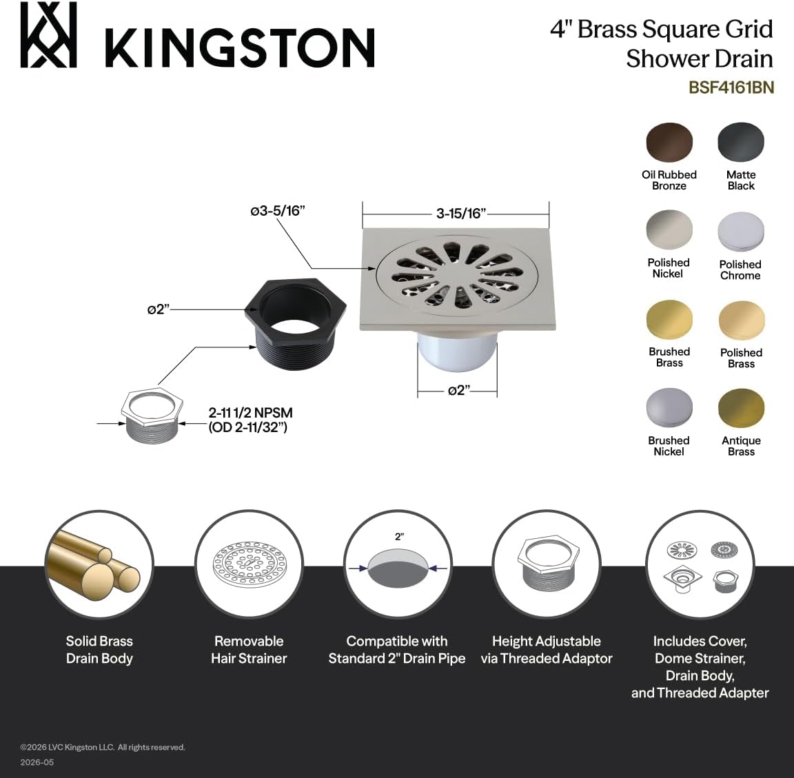 Sunburst 4' Brass Square Grid Shower Drain with Hair Strainer, Brushed Brass
