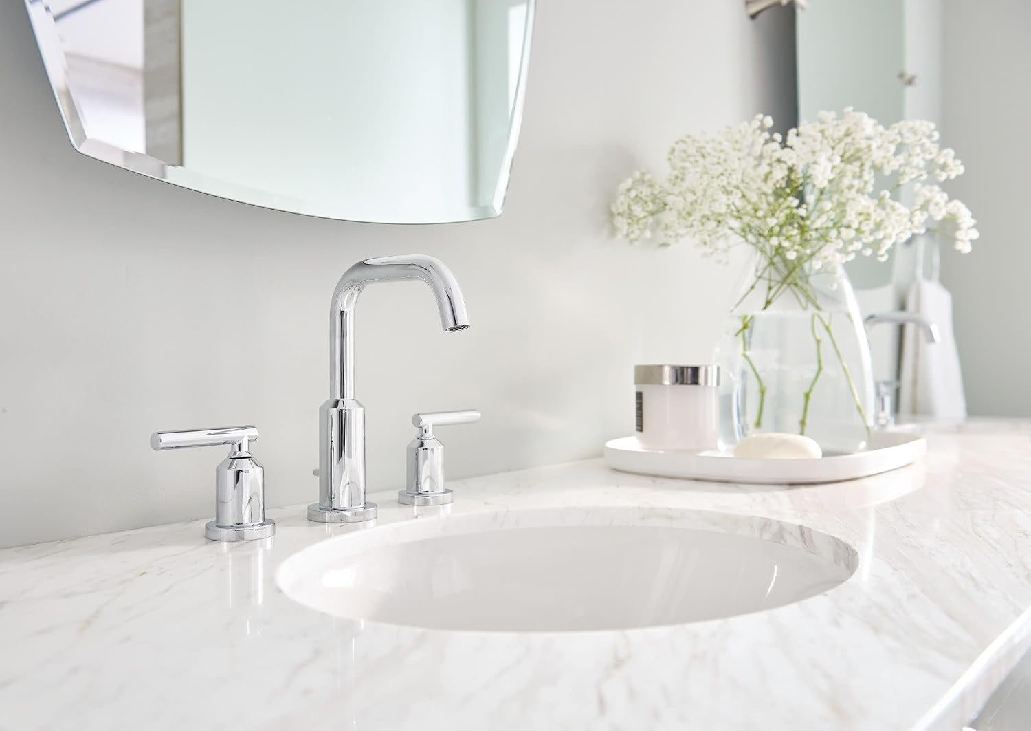 Moen Gibson Two-Handle High Arc Widespread Modern Bathroom Sink Faucet for 3-Hole Setups with Valve Included, Chrome, TV6142