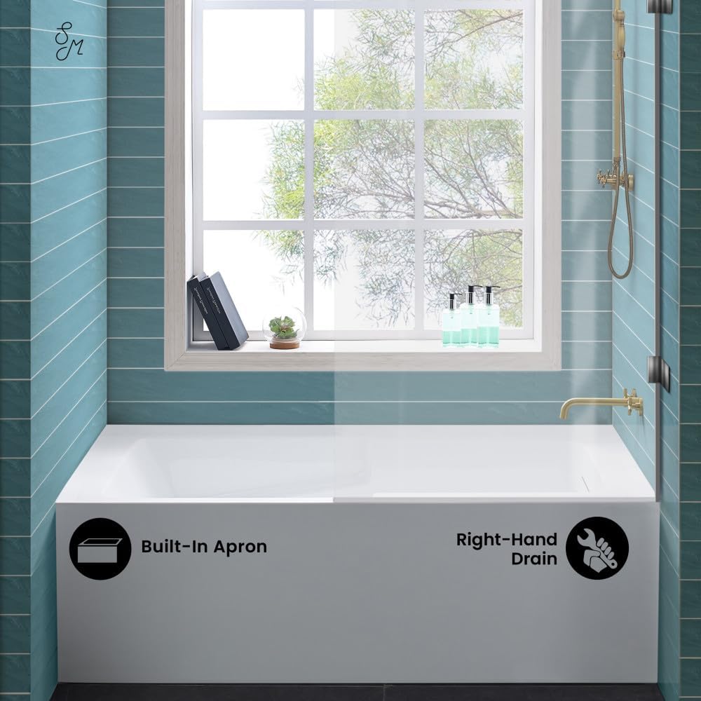 Swiss Madison Voltaire 60 x 32 Skirted Right Drain Soaking Apron Bathtub in Glossy White with Integrated Overflow and Armrest, Drain Included
