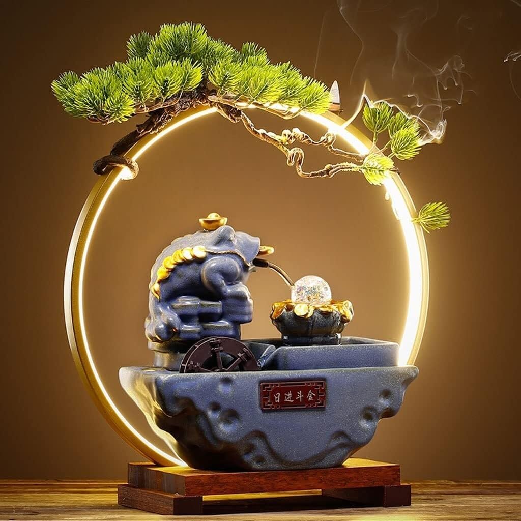 Chinese Retro Desktop Waterfall Fountain – Ceramic Tabletop Fountain with LED Light, Crystal Ball & Waterwheel