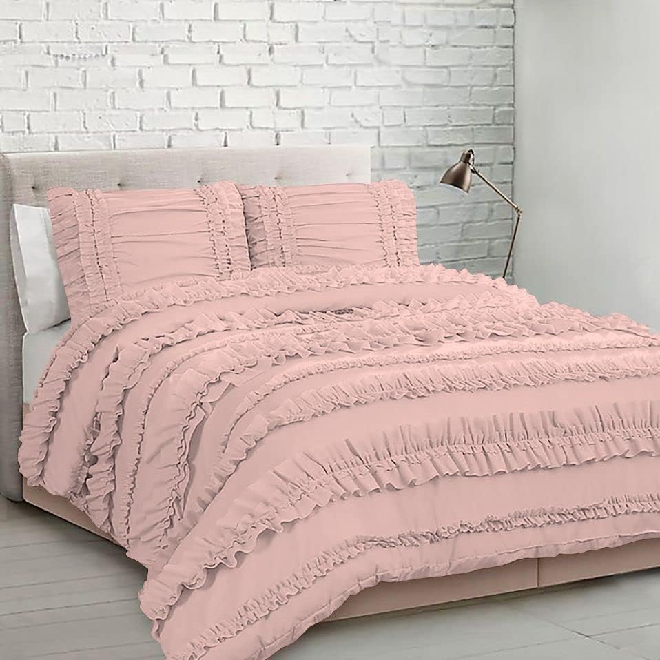 5 Piece Full Ruffles Layers Duvet Cover Set with Zipper Closure, 100% Egyptian Cotton, 1000 Thread Cotton - Full/Queen Size - Blush Solid