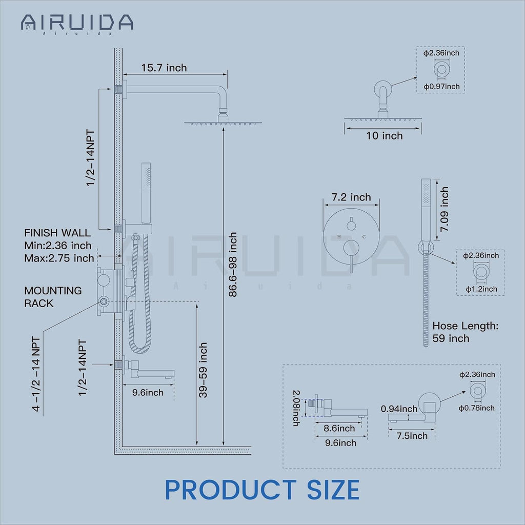 Airuida 3-Function Shower System with Tub Spout – Round Rainfall Shower Faucet Combo,Handheld Spray with 2 Functions,Includes Rough-In Valve with 360° Rotating Drain,10 Inch Shower Head,Brushed Nickel