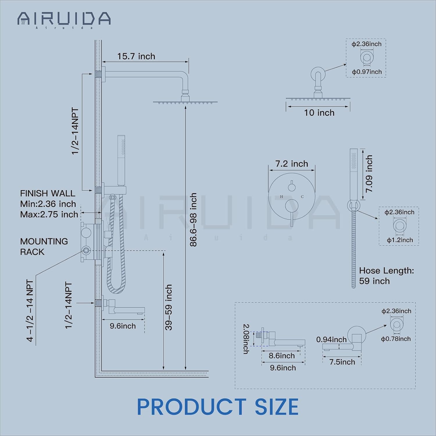 Airuida 3-Function Shower System with Tub Spout – Round Rainfall Shower Faucet Combo,Handheld Spray with 2 Functions,Includes Rough-In Valve with 360° Rotating Drain,10 Inch Shower Head,Brushed Nickel