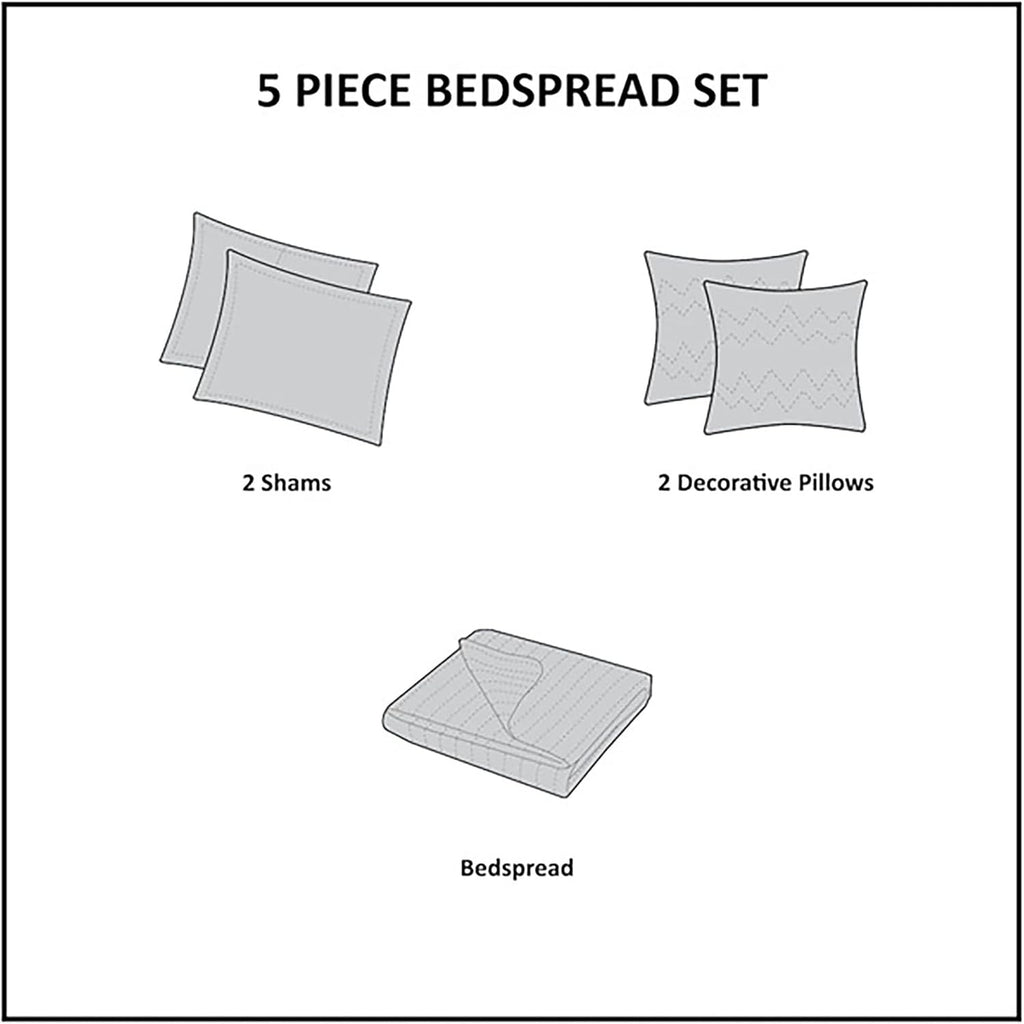 Madison Park Princeton Reversible Quilted Bedspread Set, Solid Reverse Summer Breathable, Lightweight All Season Bedding Layer, Matching Shams, Bedspread King(120'x118'), Blue 5 Piece
