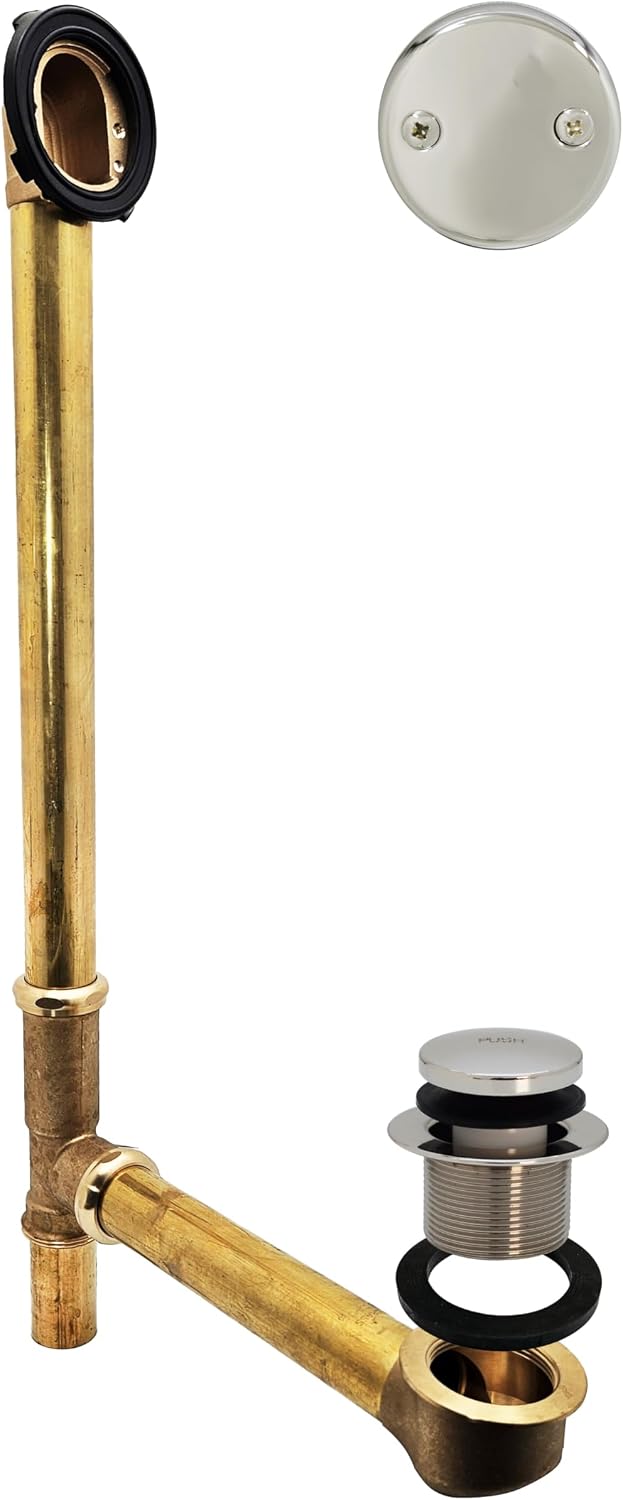 Westbrass D326-05 22-1/2-Inch 17 Gauge Brass Tip-ToeBath Waste and Overlfow with 2 Hole Faceplate, Polished Nickel