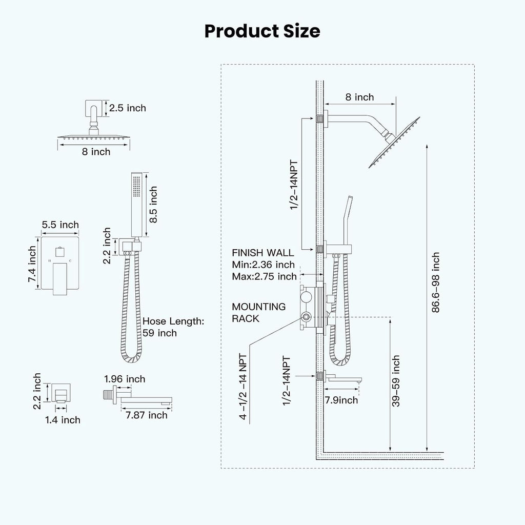 gotonovo Rainfall Tub Shower Faucet Set Bathroom Shower System with Tub Spout Wall Mount Square High Pressure Shower Fixtures with Handheld Sprayer Rough-In Valve 8'' Shower Head,Brushed Nickel