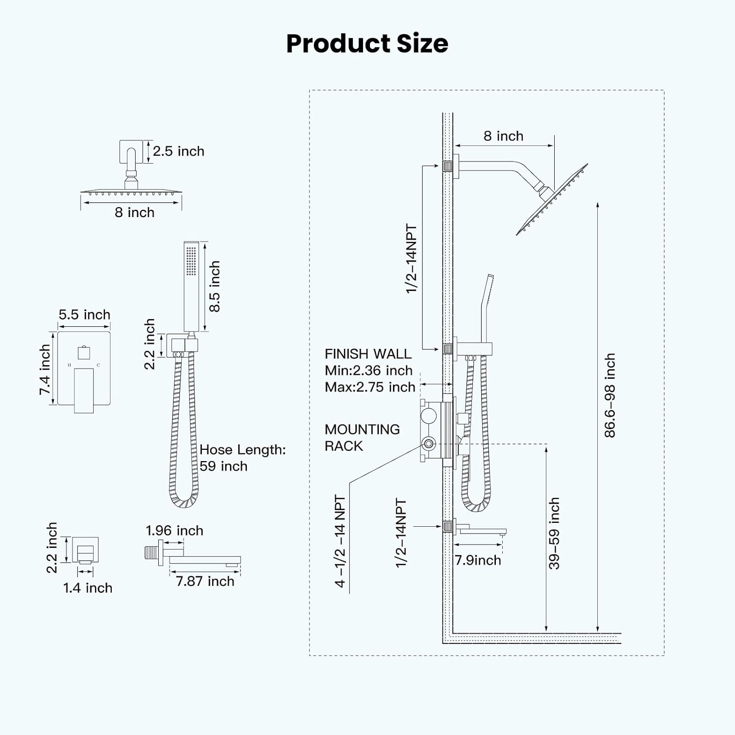 gotonovo Rainfall Tub Shower Faucet Set Bathroom Shower System with Tub Spout Wall Mount Square High Pressure Shower Fixtures with Handheld Sprayer Rough-In Valve 8'' Shower Head,Brushed Nickel