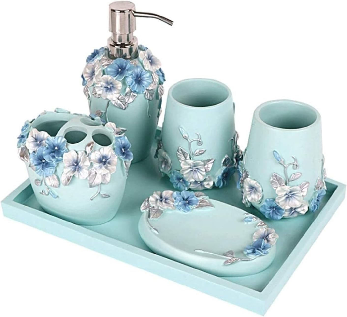 Countertop Organizer for Bathroom 6pcs/Set Liquid Dispenser Bathroom Accessories Set Resin Toothbrush Holder Soap Dish Home Decor(Blue)