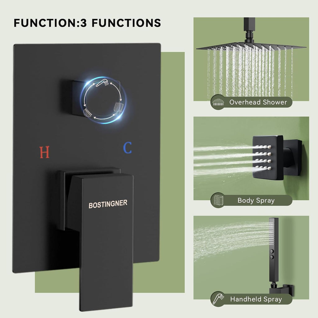 Shower Faucets Sets Shower System with Body Jets, Bostingner 10' Rain Shower Head with 2 In 1 Handheld Spray and 4 Jets, Ceiling Mount All Metal 3 Way Shower Set with Valve and Trim Kit, Matte Black