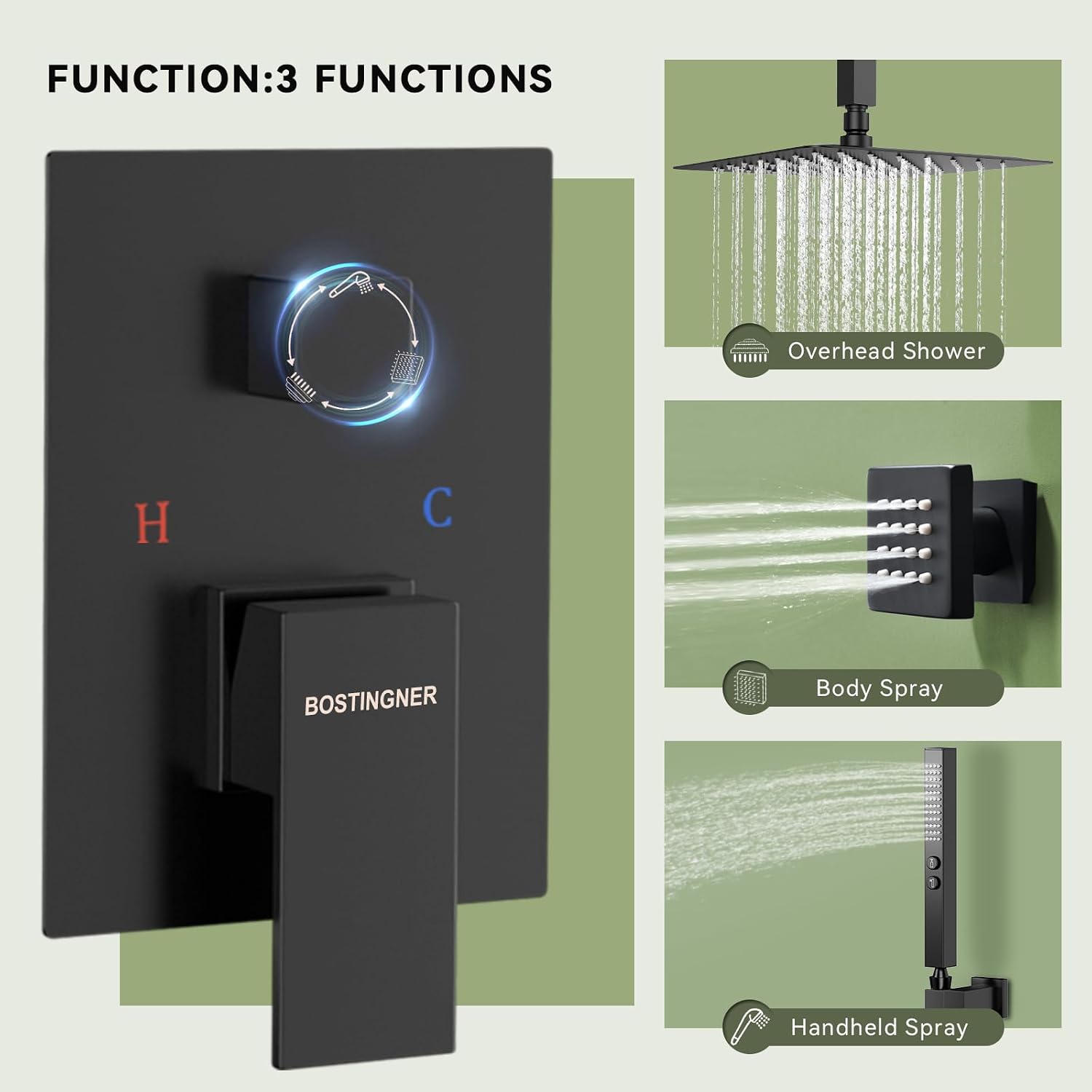 Shower Faucets Sets Shower System with Body Jets, Bostingner 10' Rain Shower Head with 2 In 1 Handheld Spray and 4 Jets, Ceiling Mount All Metal 3 Way Shower Set with Valve and Trim Kit, Matte Black