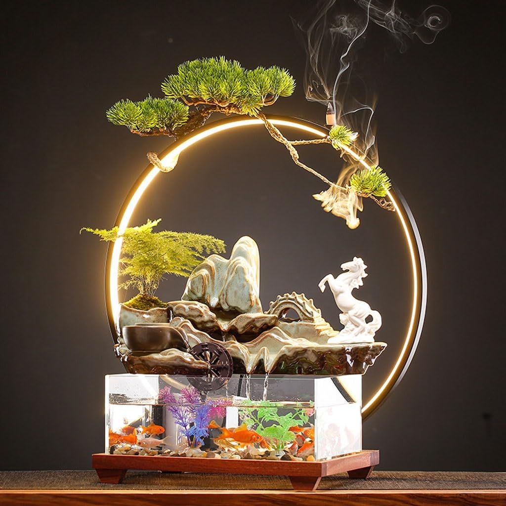 GUERNSEY Tabletop Fountain Chinese Style Mountain Flowing Water Desktop Ornaments Creative Indoor Fish Tank Circulating Water Table Fountain Indoor Waterfall Feature Indoor Fountain