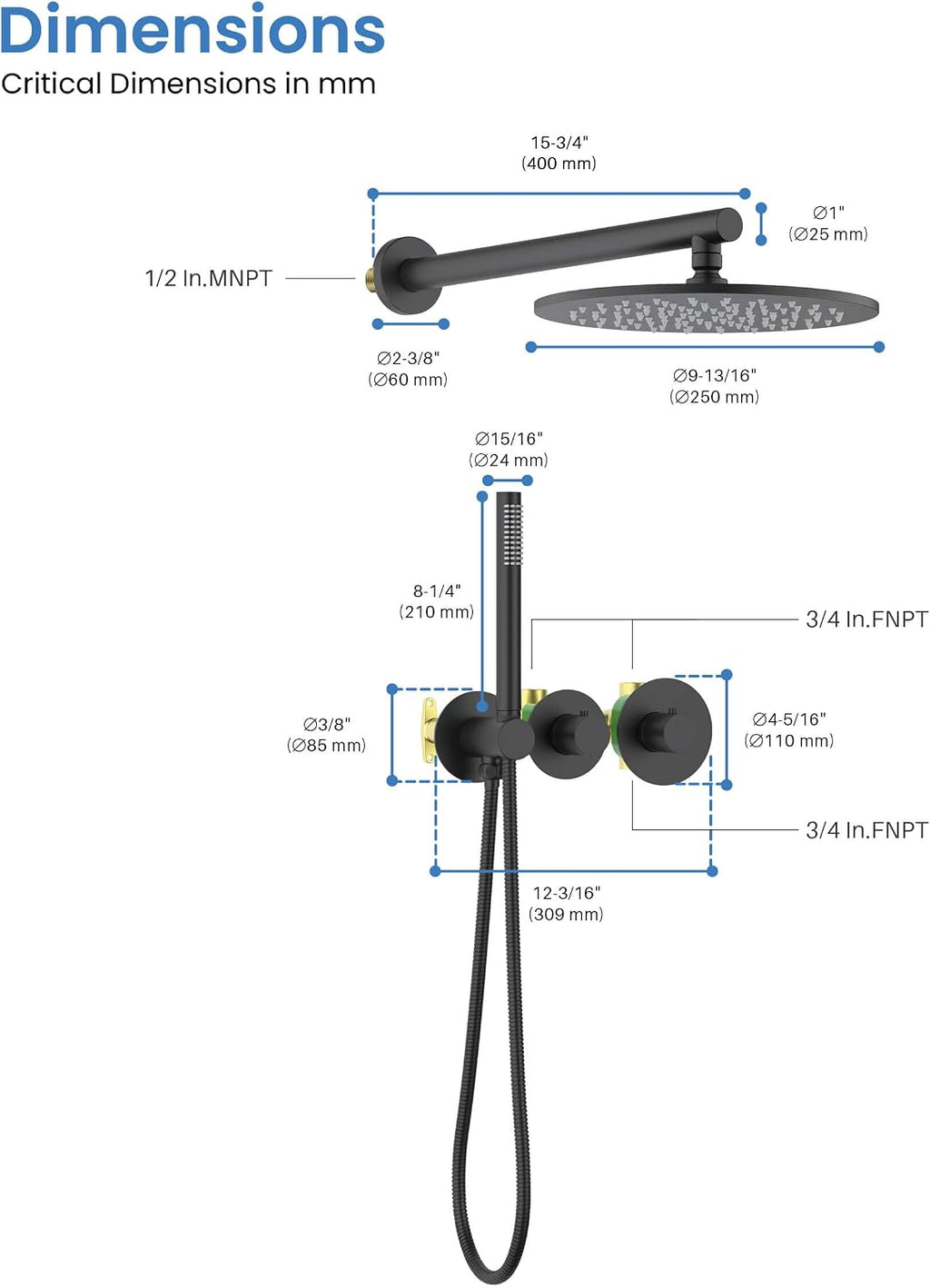 KIBI Circular Matte Black Thermostatic Shower System – Rainfall & Handheld Shower Head Set | 2-Function Shower Faucet Set with Rough-In Valve | Solid Brass Build & Temperature Control (KSF410MB)