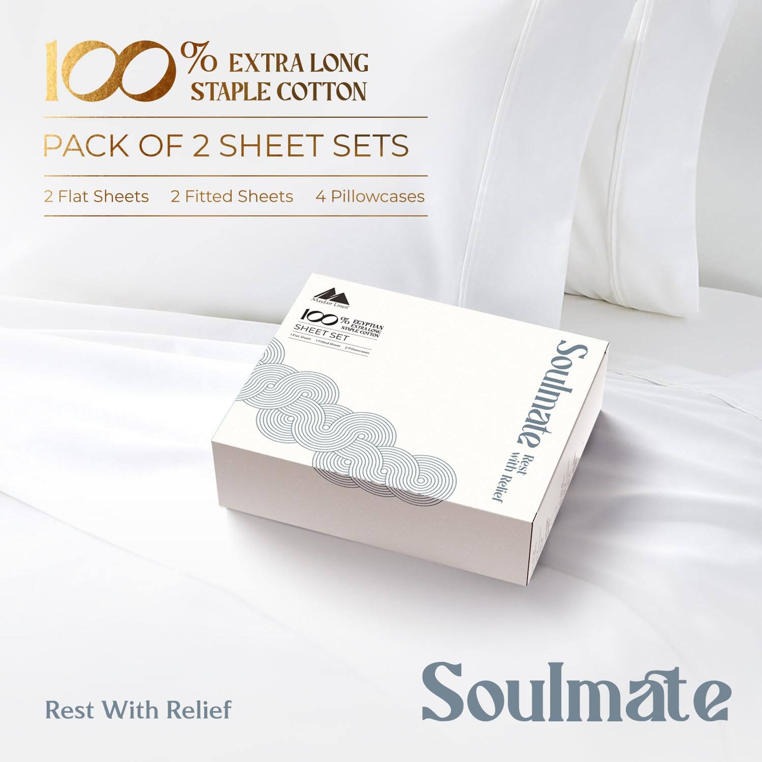 Mayfair Linen 100% Egyptian Cotton 2 Pack King Sheet Set - Luxury 500 Series Soulmate Collection Cotton King Size Sheet Set (8 PC, White), Soft, Cooling 16' Deep Pocket Hotel Quality Bed Sheets