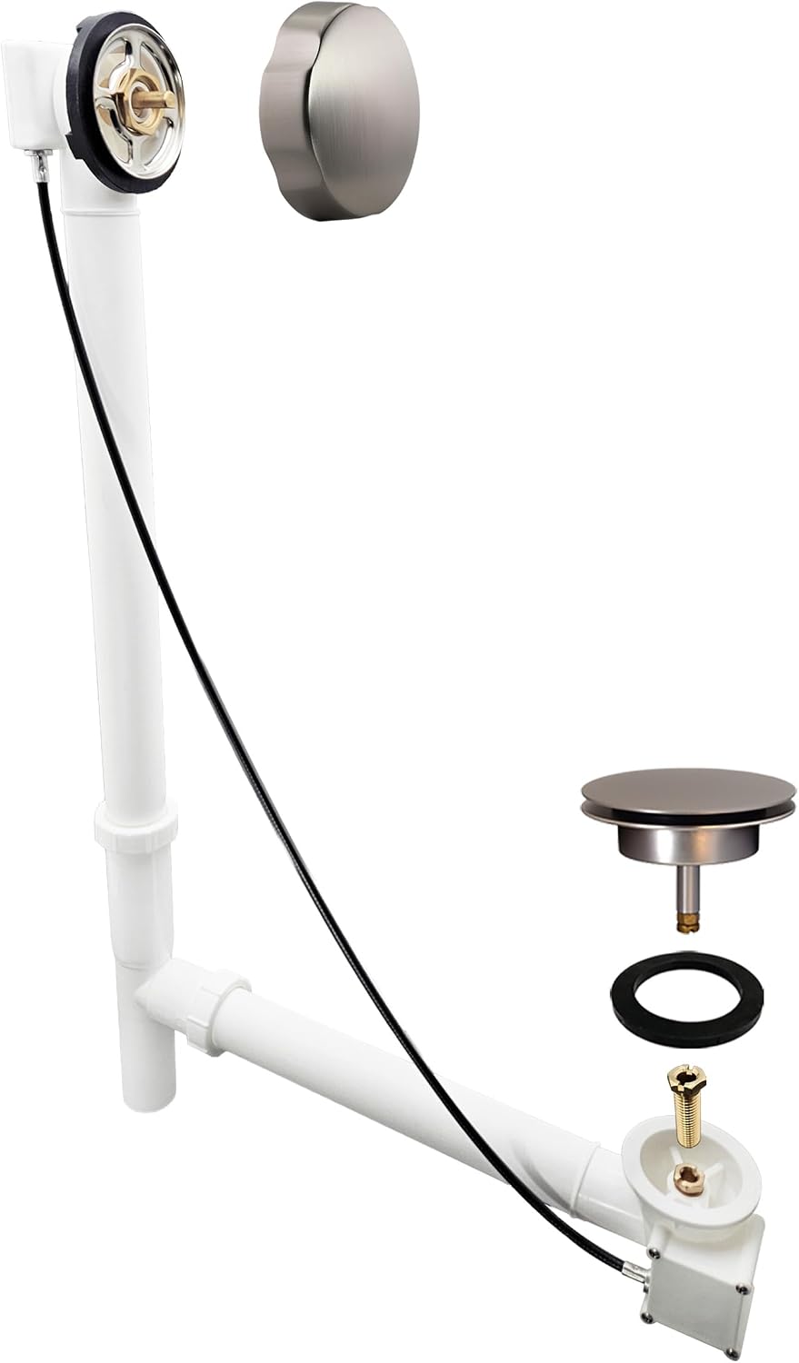 Westbrass A50P35TLE-20 35' Cable Drive Bath Drain Trim Kit with Rotary Overflow Cover Knob, European Stopper and Poly Tubular Pipes, Stainless Steel