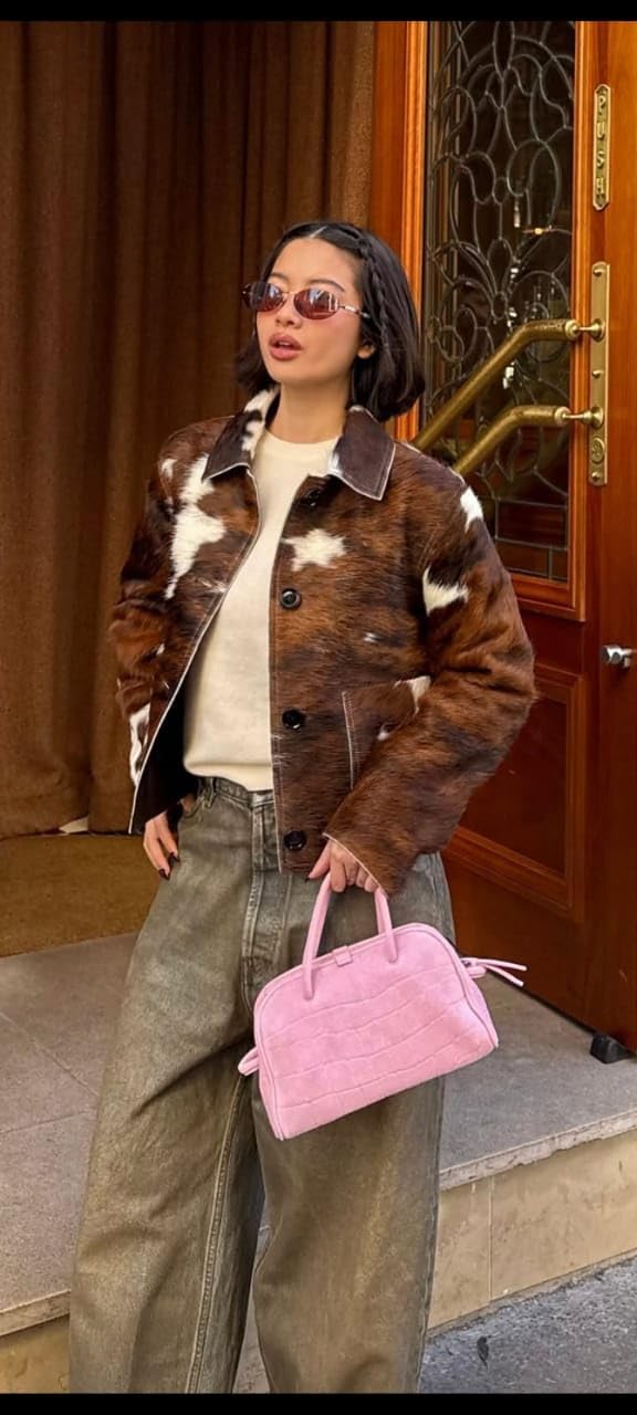 Women's Retro Style Classic Wear Stylish Genuine Cowhide Leather Natural Hair-On Cow Skin Fashion Coat Jacket