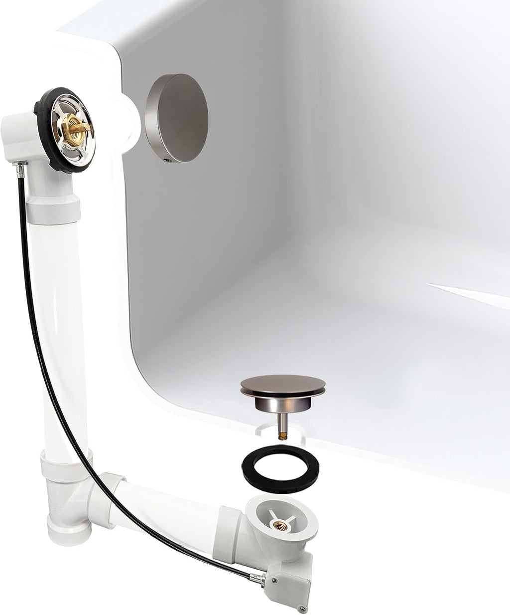 Westbrass D50P35SRE-07 35' Cable Drive Bathtub Drain Trim with Rotary Overflow Cover Knob, Pop-Up Stopper Sch. 40 PVC Fittings, Satin Nickel