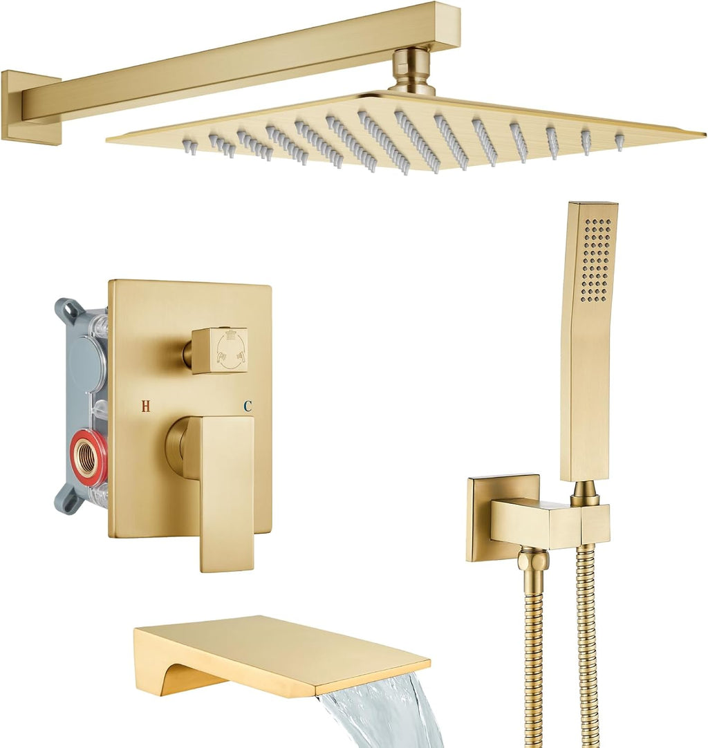 gotonovo Shower System with Tub Spout,Waterfall Tub Shower Faucet Set for Bathroom Head and Handle Set Wall Mounted 3 Function Rough-in Valve and Trim Included 10 inch Shower Head Brushed Gold