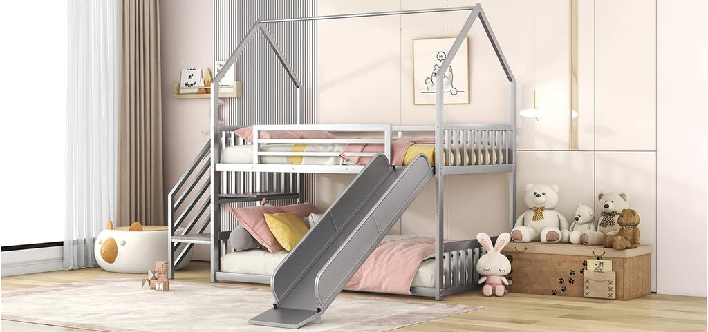 MERITLINE Metal Bunk Bed Twin Over Twin Bunk Bed Frame with Slide and Stairway,Twin Over House Bed with Guardrails