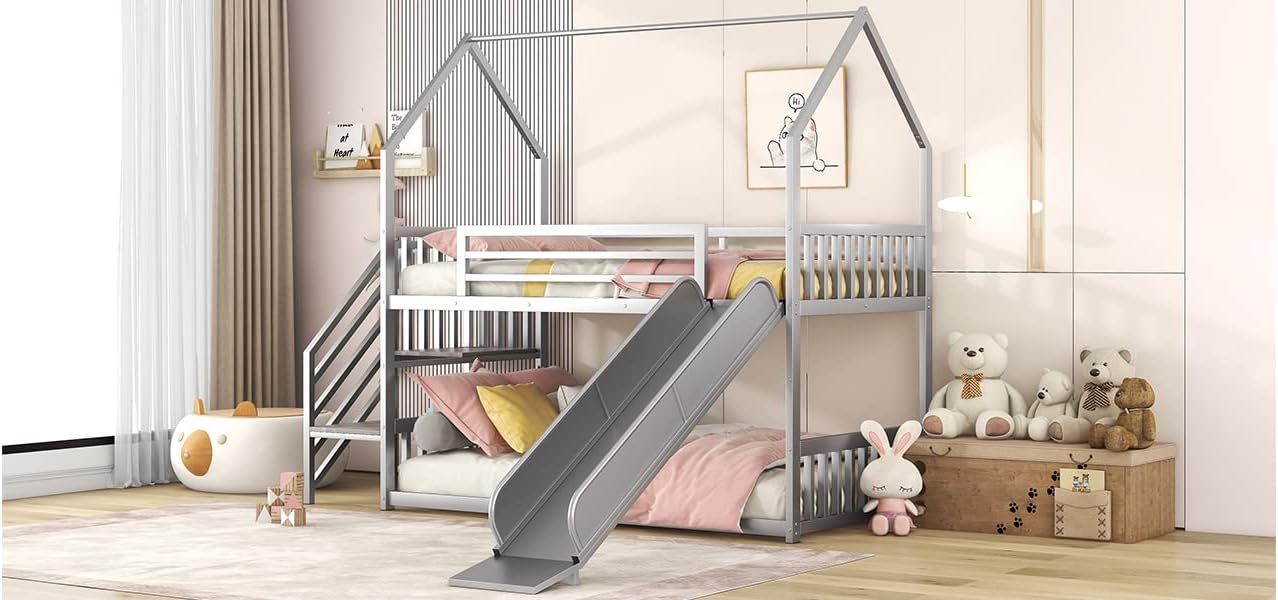 MERITLINE Metal Bunk Bed Twin Over Twin Bunk Bed Frame with Slide and Stairway,Twin Over House Bed with Guardrails