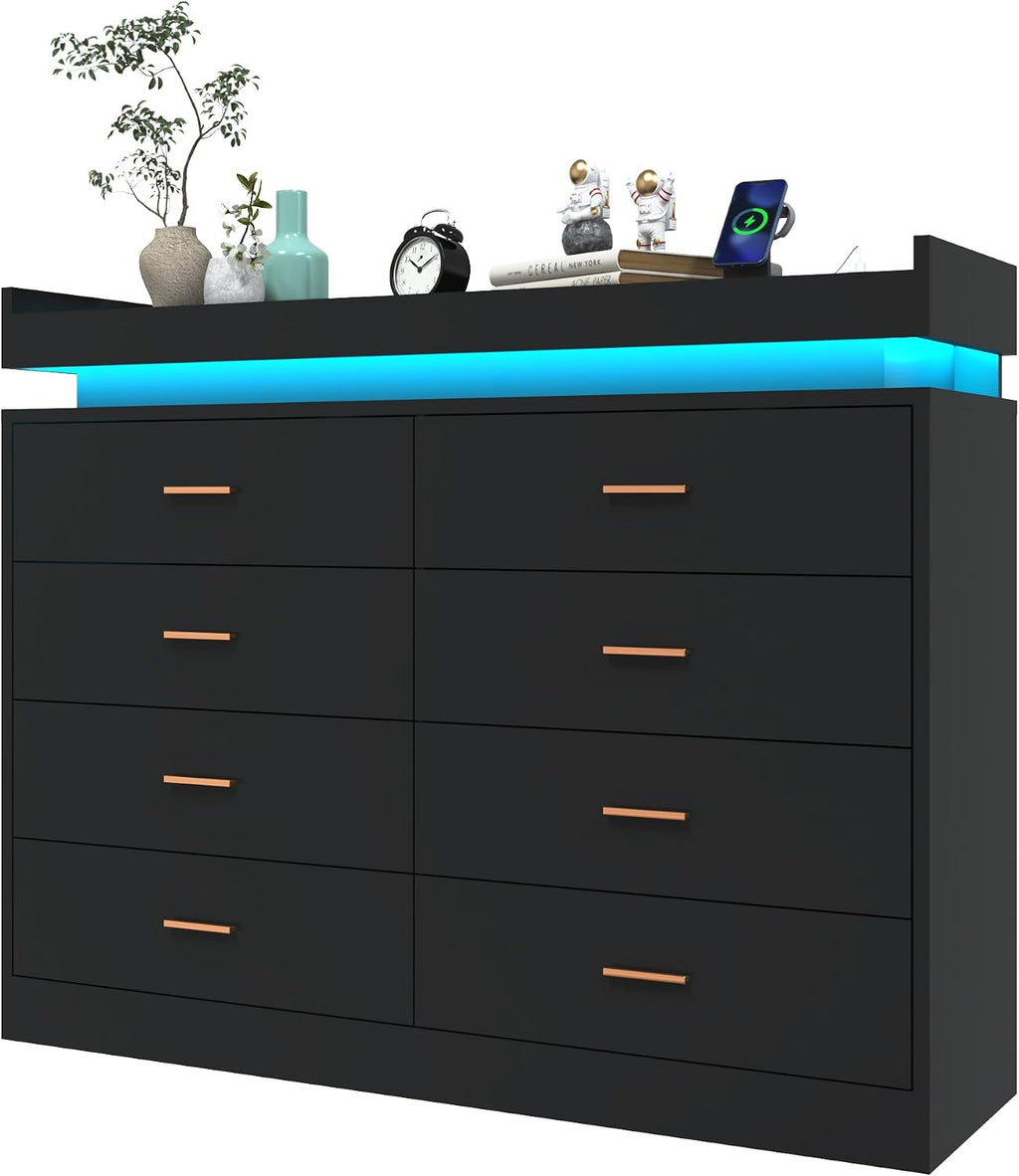 Hlivelood 8 Drawer Dresser with LED Light and Charging Station, Modern Chest of Drawers for Closet, Wide Drawer Organizer Cabinet for Bedroom, Living Room, Entryway, Hallway(Black)