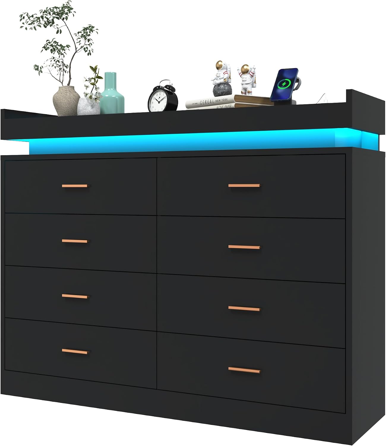 Hlivelood 8 Drawer Dresser with LED Light and Charging Station, Modern Chest of Drawers for Closet, Wide Drawer Organizer Cabinet for Bedroom, Living Room, Entryway, Hallway(Black)