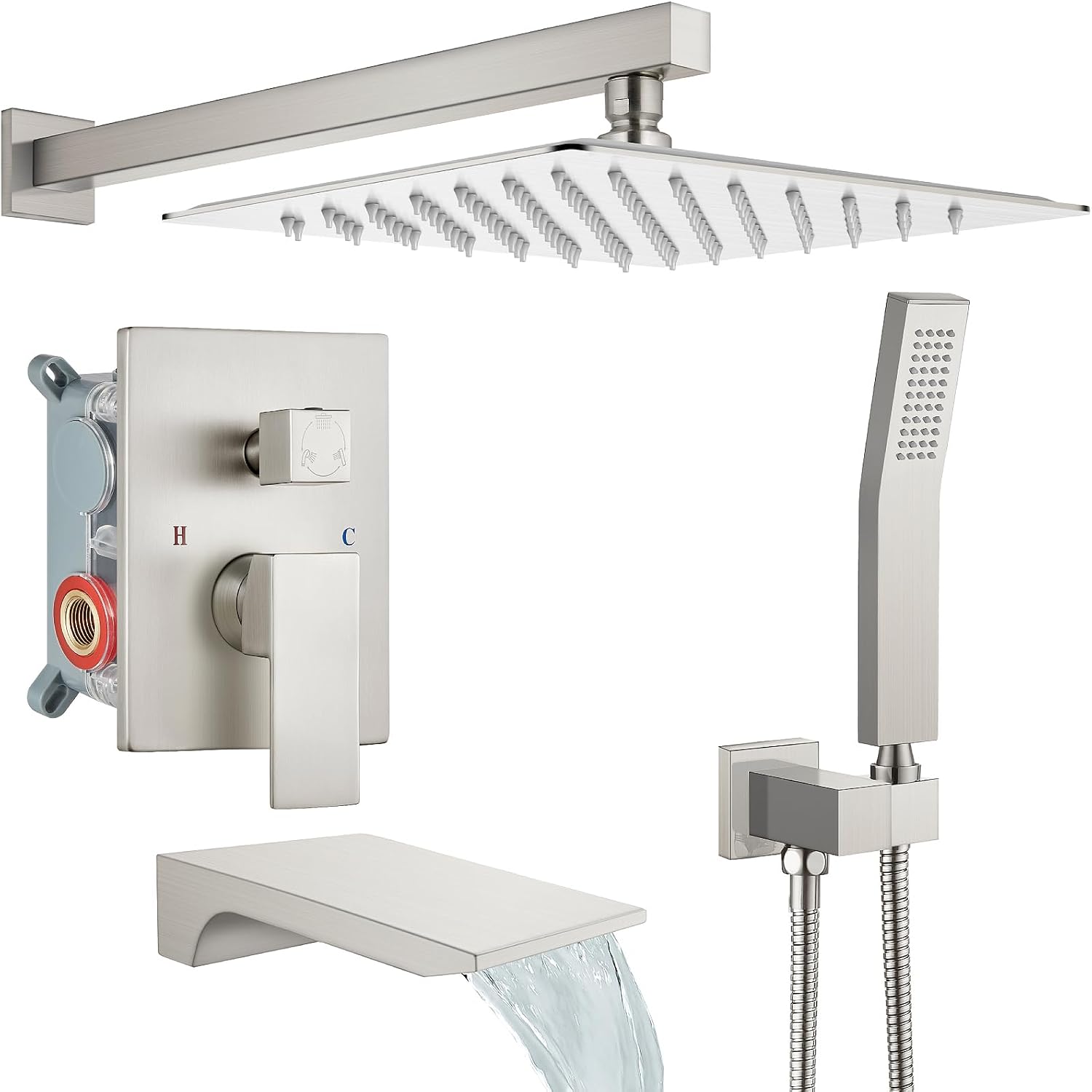 gotonovo Shower System with Tub Spout,Waterfall Tub Shower Faucet Set for Bathroom Head and Handle Set Wall Mounted 3 Function Rough-in Valve and Trim Included 10 inch Shower Head Brushed Nickel
