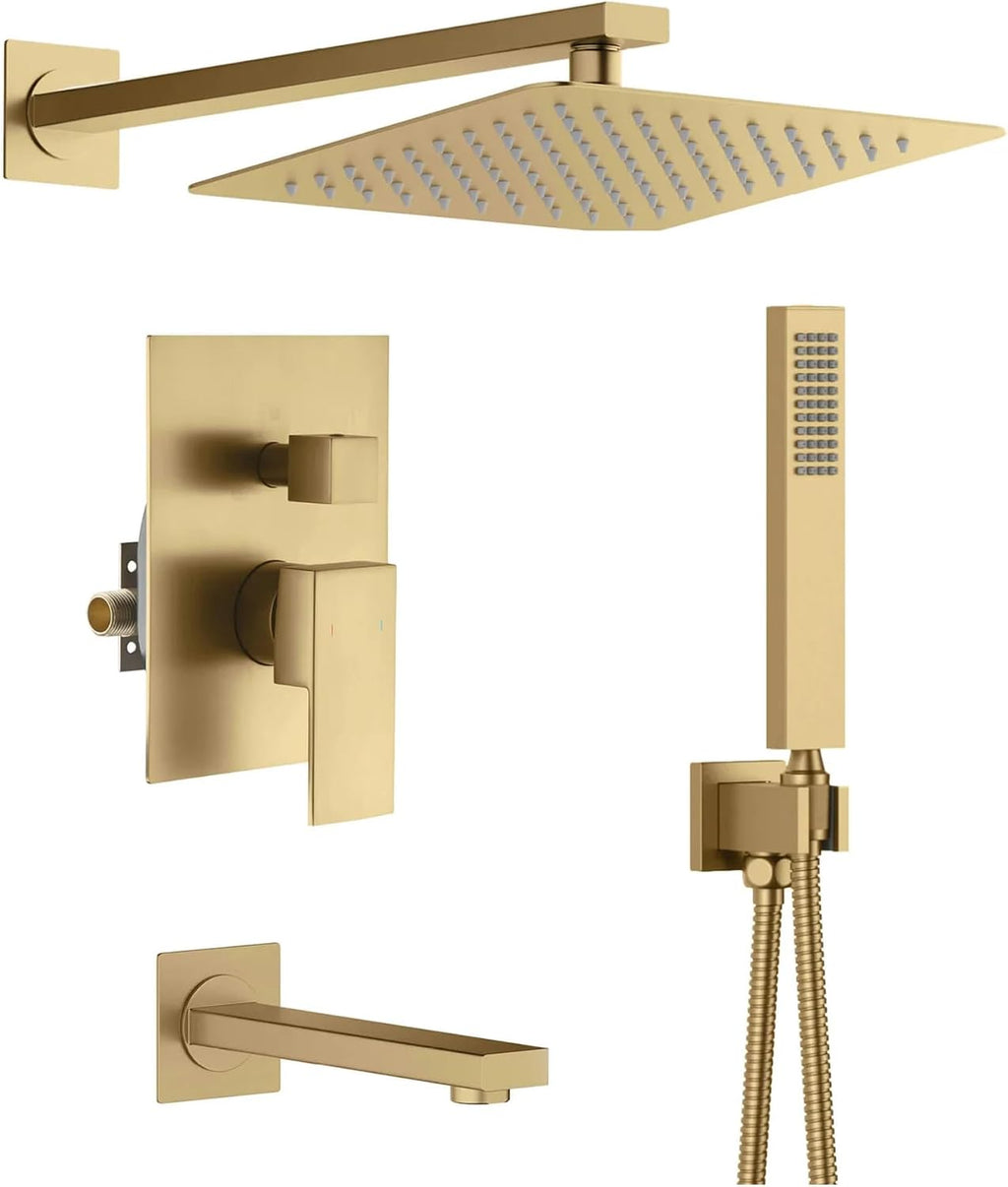 KIBI Cube 3-Function Brushed Brass Wall Mounted Bathroom Shower System | Solid Brass Pressure Balanced Valve Bath Faucet Set | 15-inch Shower Arm | Handheld Waterfall Shower Mode (KSF406)