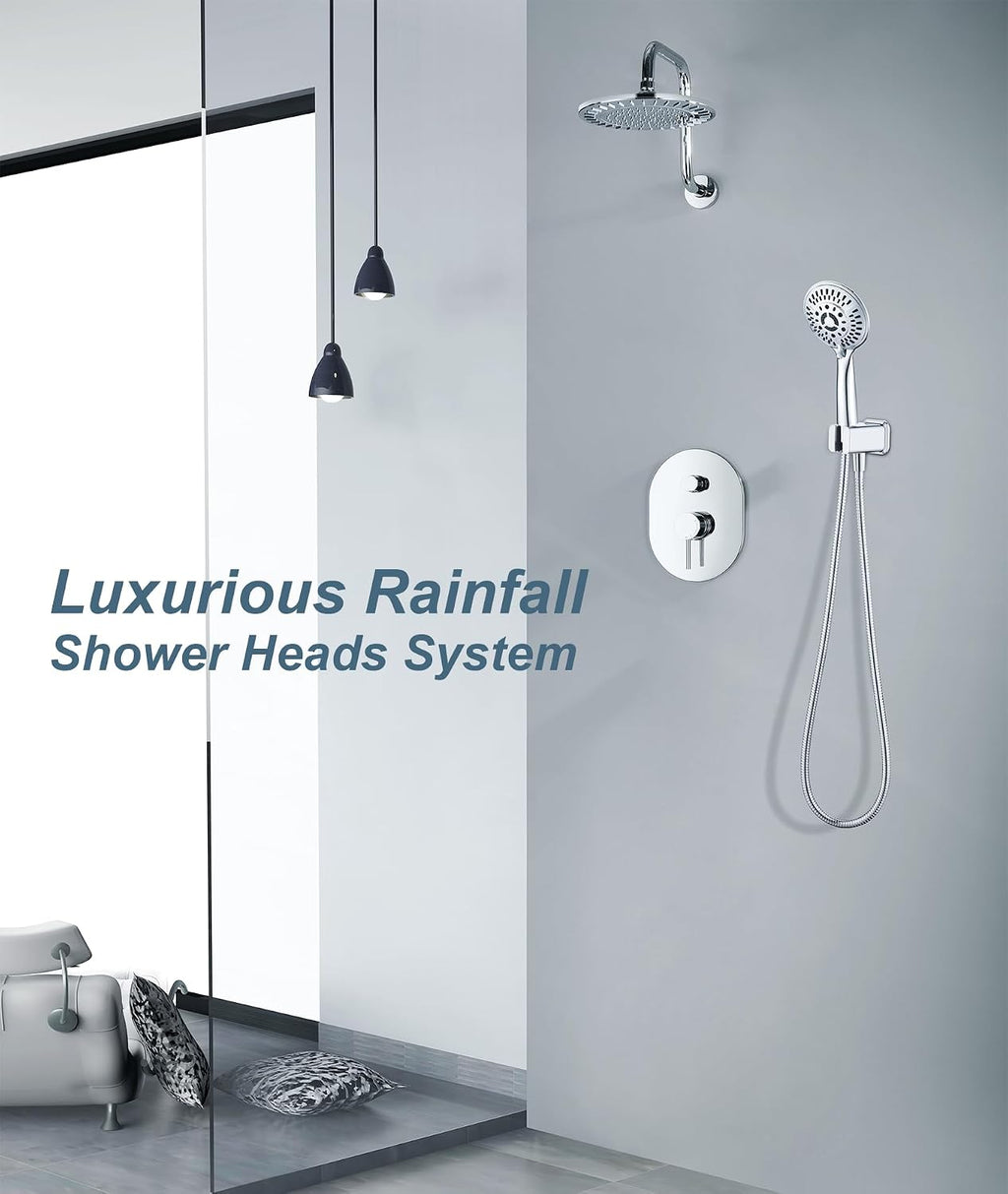 BRIGHT SHOWERS Shower Faucet Set, Shower Head System with Rainfall Shower Head and Handheld Showerhead Combo, Valve and Trim Kit, Complete Shower Fixtures for Bathroom, Chrome