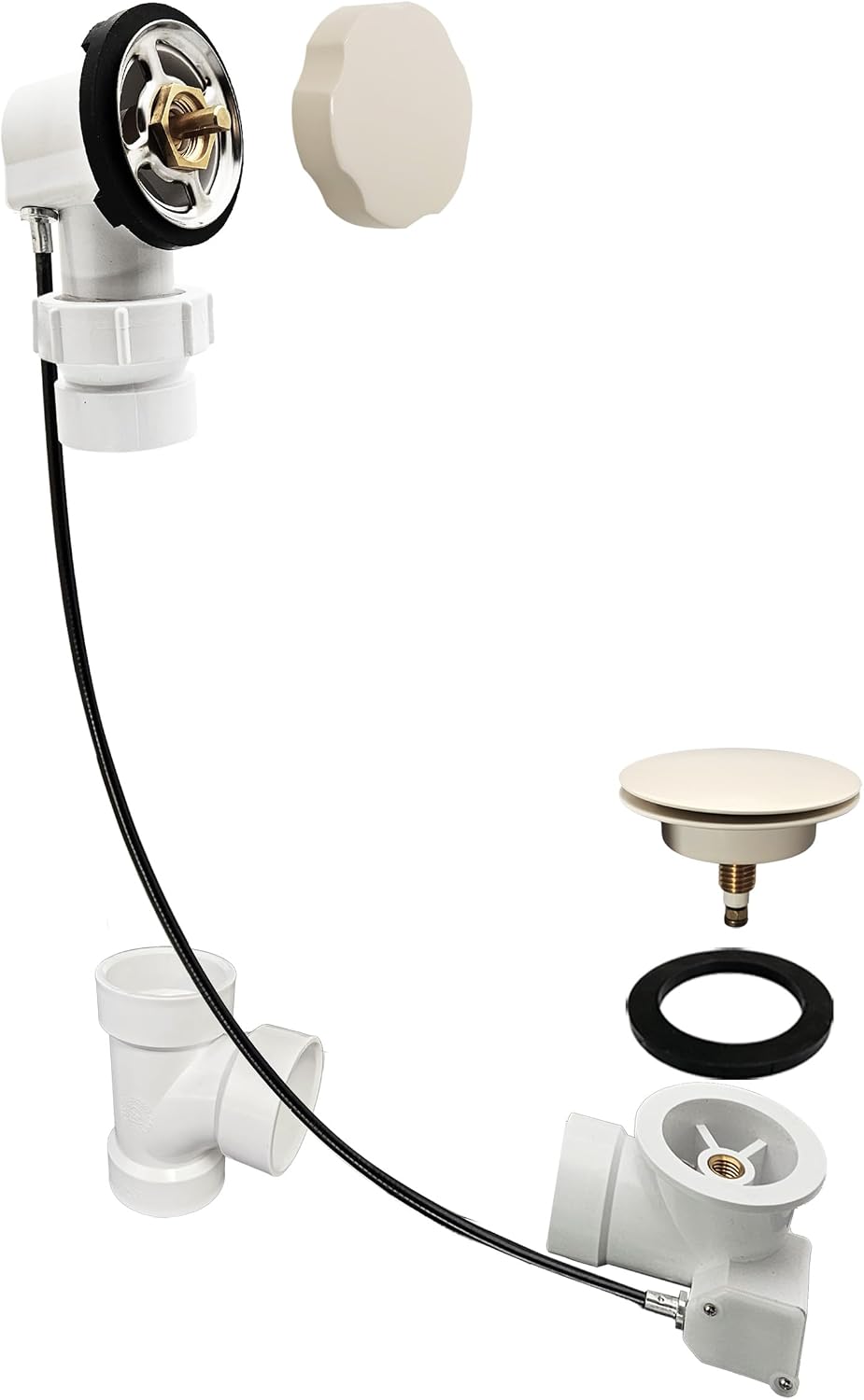 Westbrass A50P35BJ-65 1-1/2' Sch. 40 PVC 35' Cable Driven Bath Waste Kit with Ball Joint Head and Brass Trim Drain Kit, Biscuit