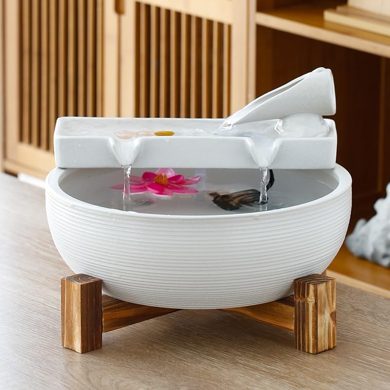 GUERNSEY Tabletop Fountain Tabletop Fountain Chinese Simple Desktop Water Ornaments Fountain Humidifier Living Room Tea Table Office Decorations Indoor Fountain(White)