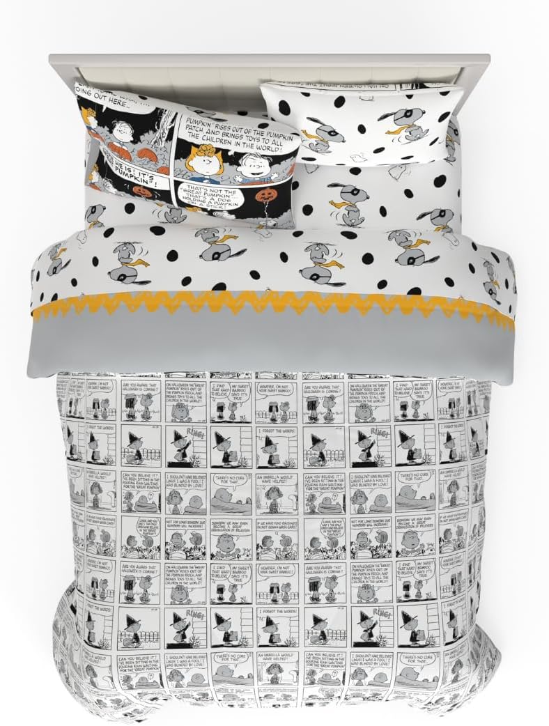 Peanuts Halloween Queen Bed Set – Super Soft & Cozy 5 Piece Reversible Comforter and Sheet Set Featuring Snoopy & Charlie Brown, (Official Peanuts® Product) by Franco