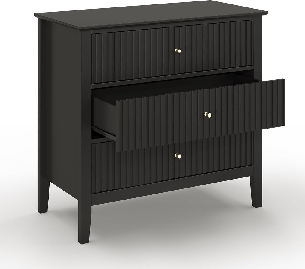 May in Color Large Black Fluted 3 Drawer Dresser Set of 2, Chest of Drawers with Ball Bearing Slide Modern 30 inch Tall Wood Nightstand with Spacious Storage for Bedroom Hallway Living Room Entryway