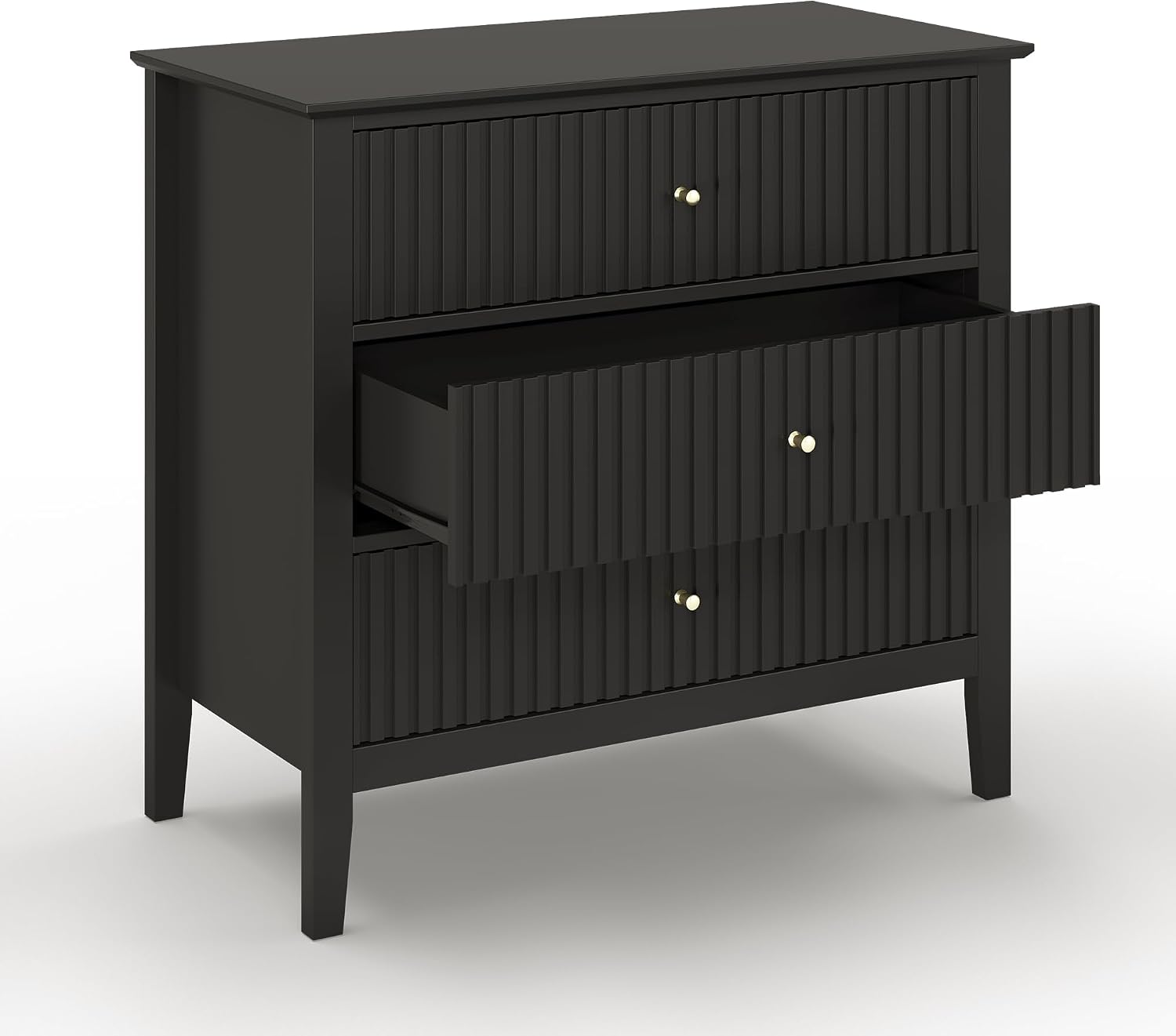 May in Color Large Black Fluted 3 Drawer Dresser Set of 2, Chest of Drawers with Ball Bearing Slide Modern 30 inch Tall Wood Nightstand with Spacious Storage for Bedroom Hallway Living Room Entryway