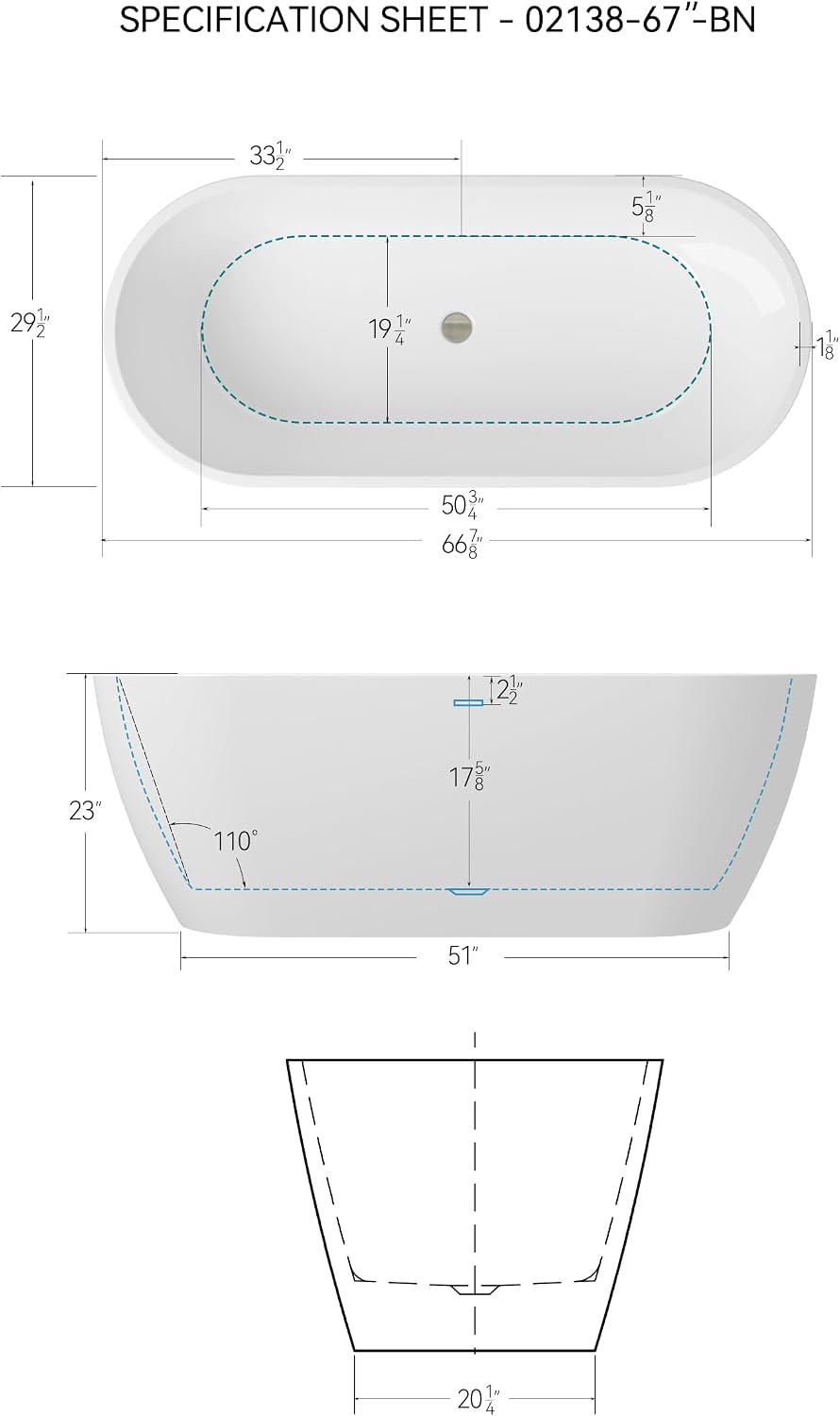FerdY 67' Bali Elite Acrylic Freestanding Bathtub, Gracefully Shaped Freestanding Soaking Bathtub, Toe-Tap Brushed Nickel Drain and Minimalist Linear Design Overflow Included, cUPC Certified
