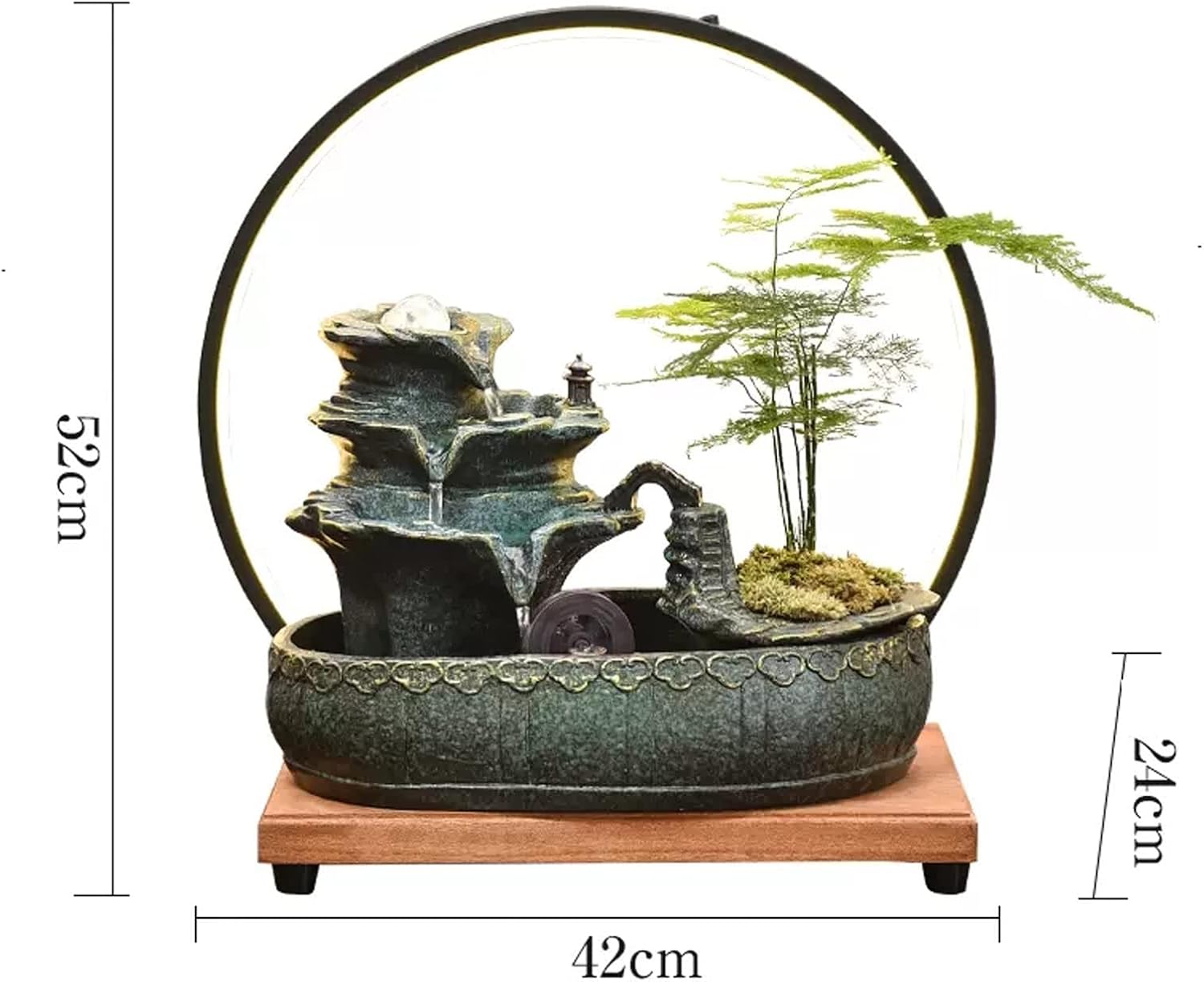 HIHELO Desktop Fountain Ceramic Tabletop Fountain 3 Tiers Indoor Water Feature with Wooden Base and LED Lights for Home, Office Decoration Water Fountain Outdoor