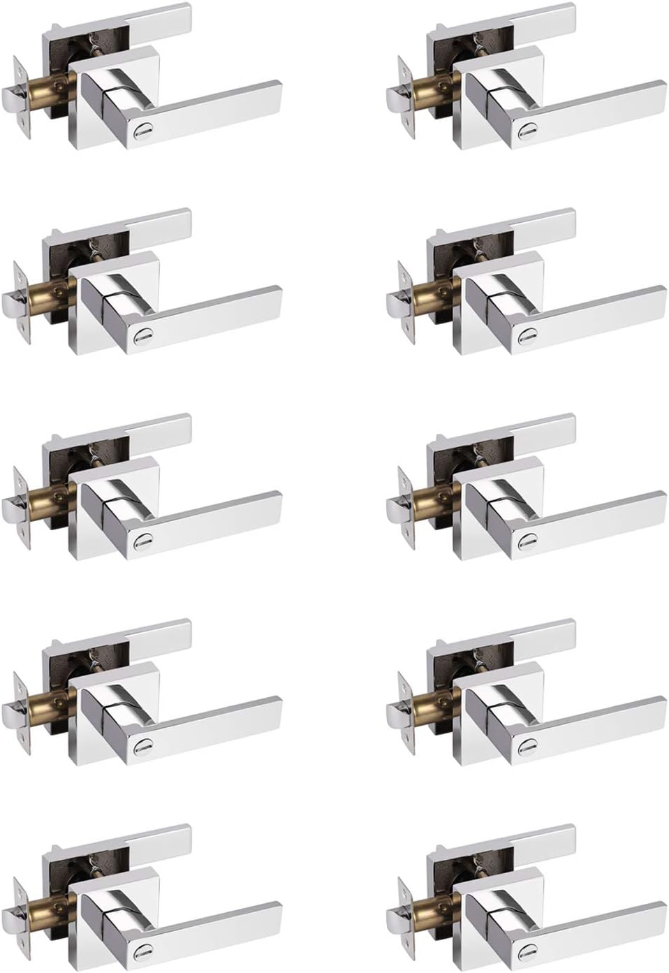 Probrico 10 Pack Commercial Heavy Duty Privacy Door Levers, Flat Style Door Handle Set for Bed and Bath, Left or Right Handing Leverset Lockset, Polished Chrome Finish