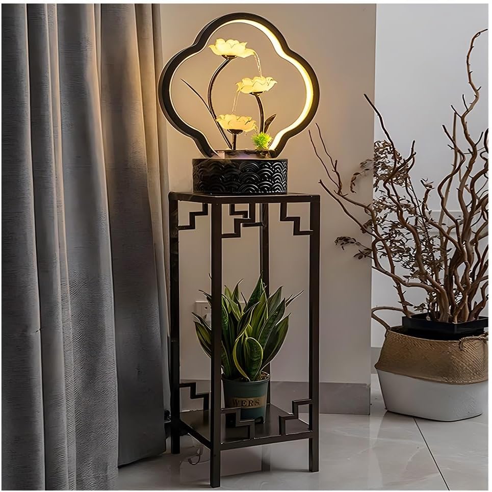 GZHERVICES 3-Tier Tabletop Fountain, Indoor Water Lily Water Serenity Fountain, Zen Meditation Indoor Waterfall Feature with LED Light for Home Office Bedroom Relaxation