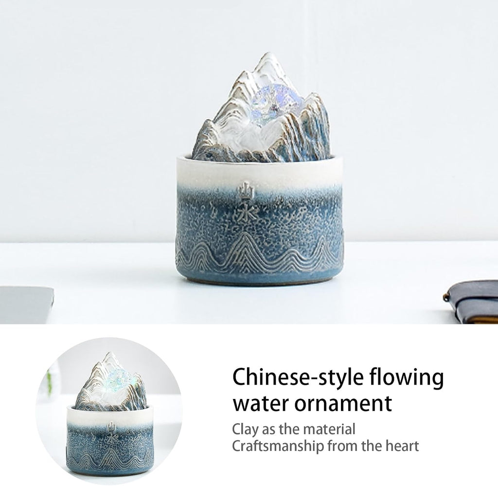 Tabletop Water Fountain, Crystal Ball with LED Lights, Ceramic Zen Desktop, Relaxation Decor for Home Office Living Room(Blue White)